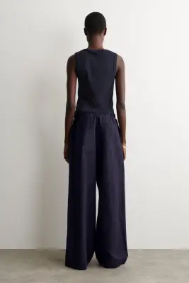 PANTALON LARGE TAILLE AJUSTABLE EN LIN - BLEU MARINE — photo 4
