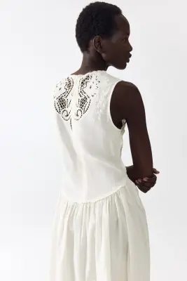 Robe brodée en lin mélangé - Blanc — photo 2