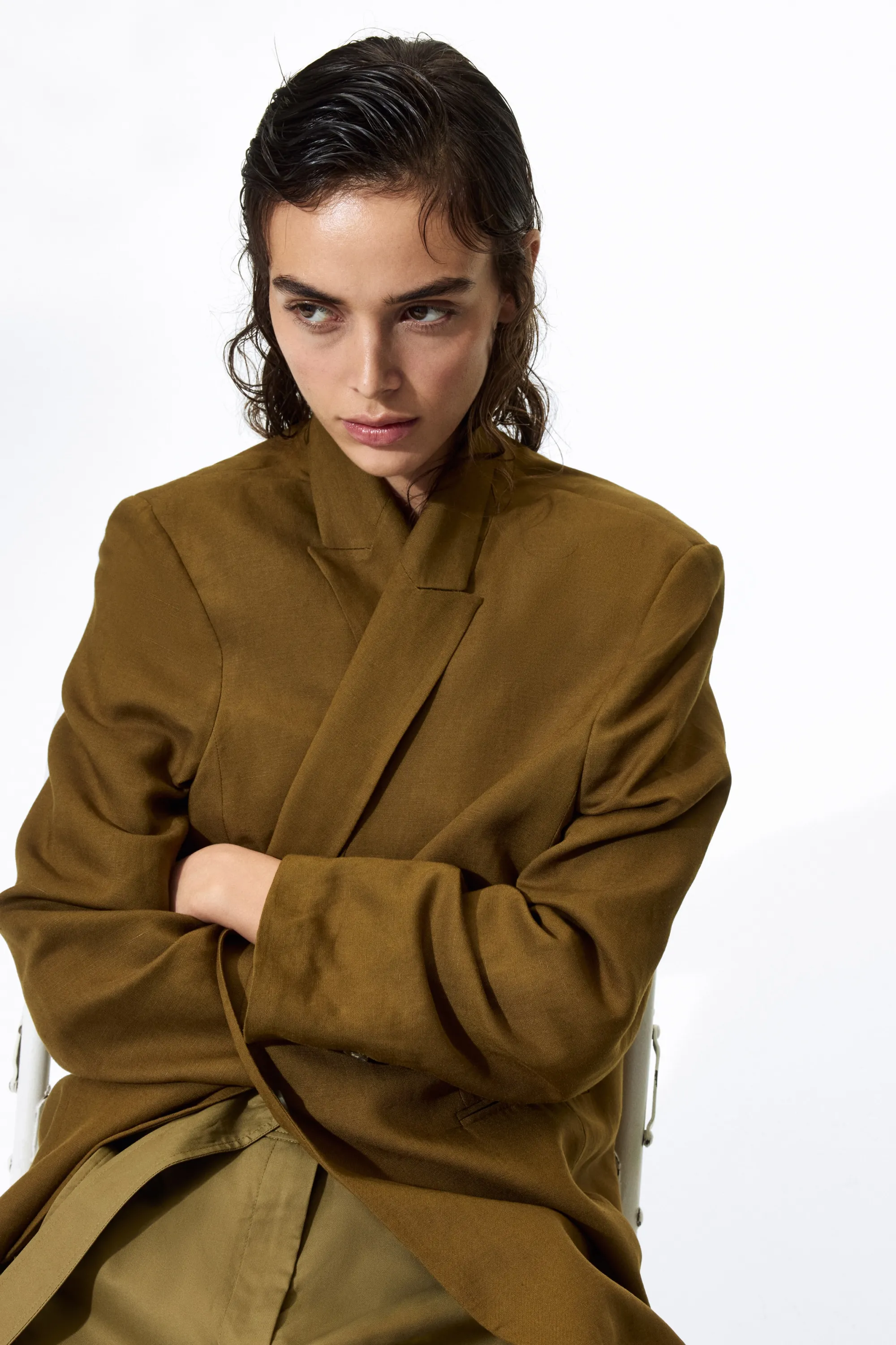 Blazer en lin mélangé - Vert kaki foncé
