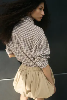 Chemise oversize en coton - Beige clair/carreaux — photo 3