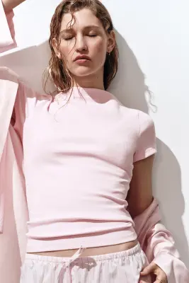 Top à encolure bateau en coton - Rose clair — photo 2