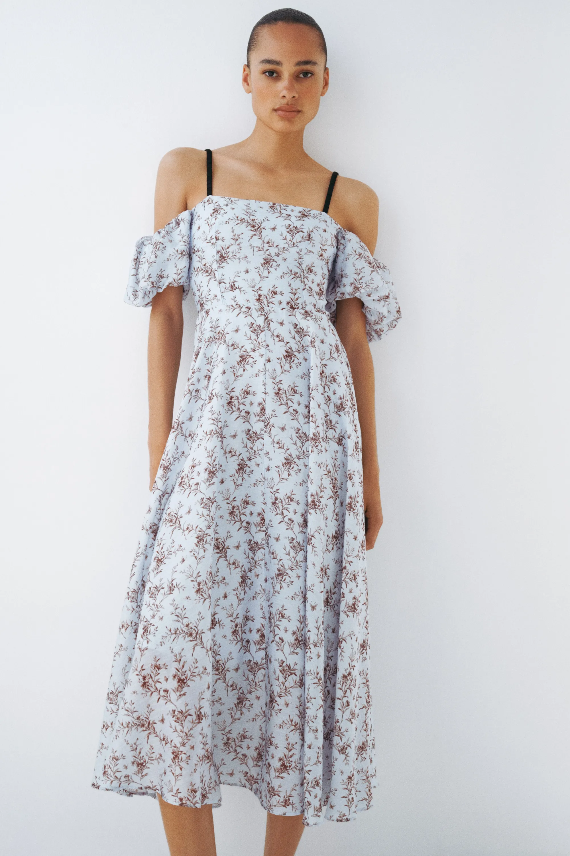 Robe épaules dénudées en lin mélangé - Bleu clair/fleuri