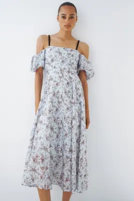 Robe épaules dénudées en lin mélangé - Bleu clair/fleuri — photo 1