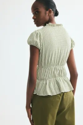 Blouse à manches bouffantes - Vert kaki clair/carreaux — photo 2