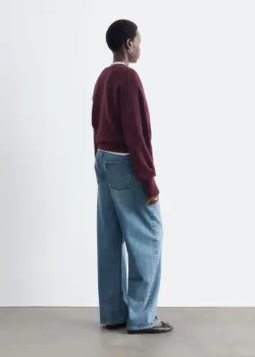 Pull à col en V côtelé en laine et en coton - Rouge foncé — photo 5