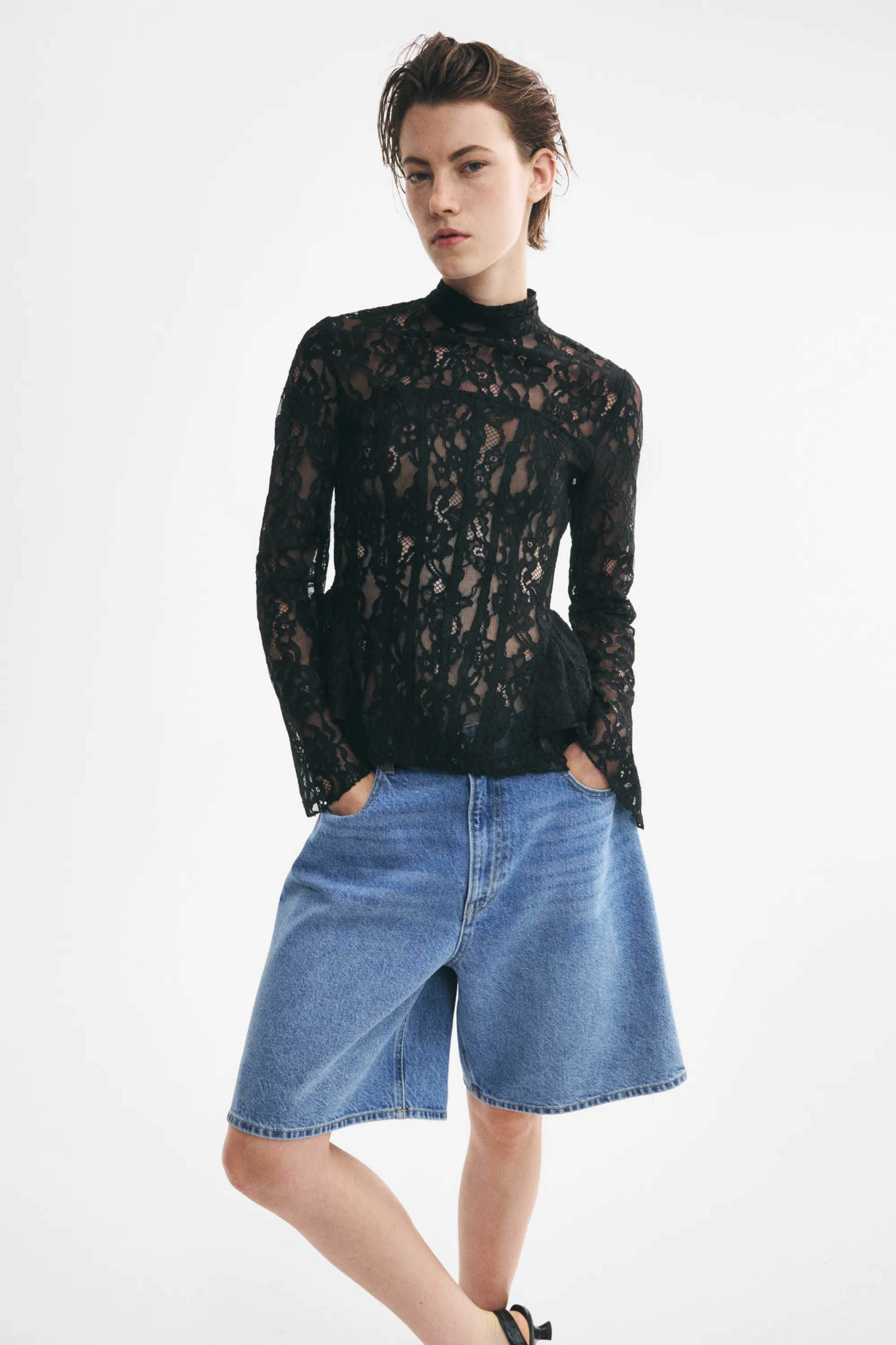 Top péplum en dentelle - Noir