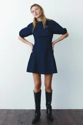 Robe à manches ballon en denim - Bleu denim foncé — photo 1