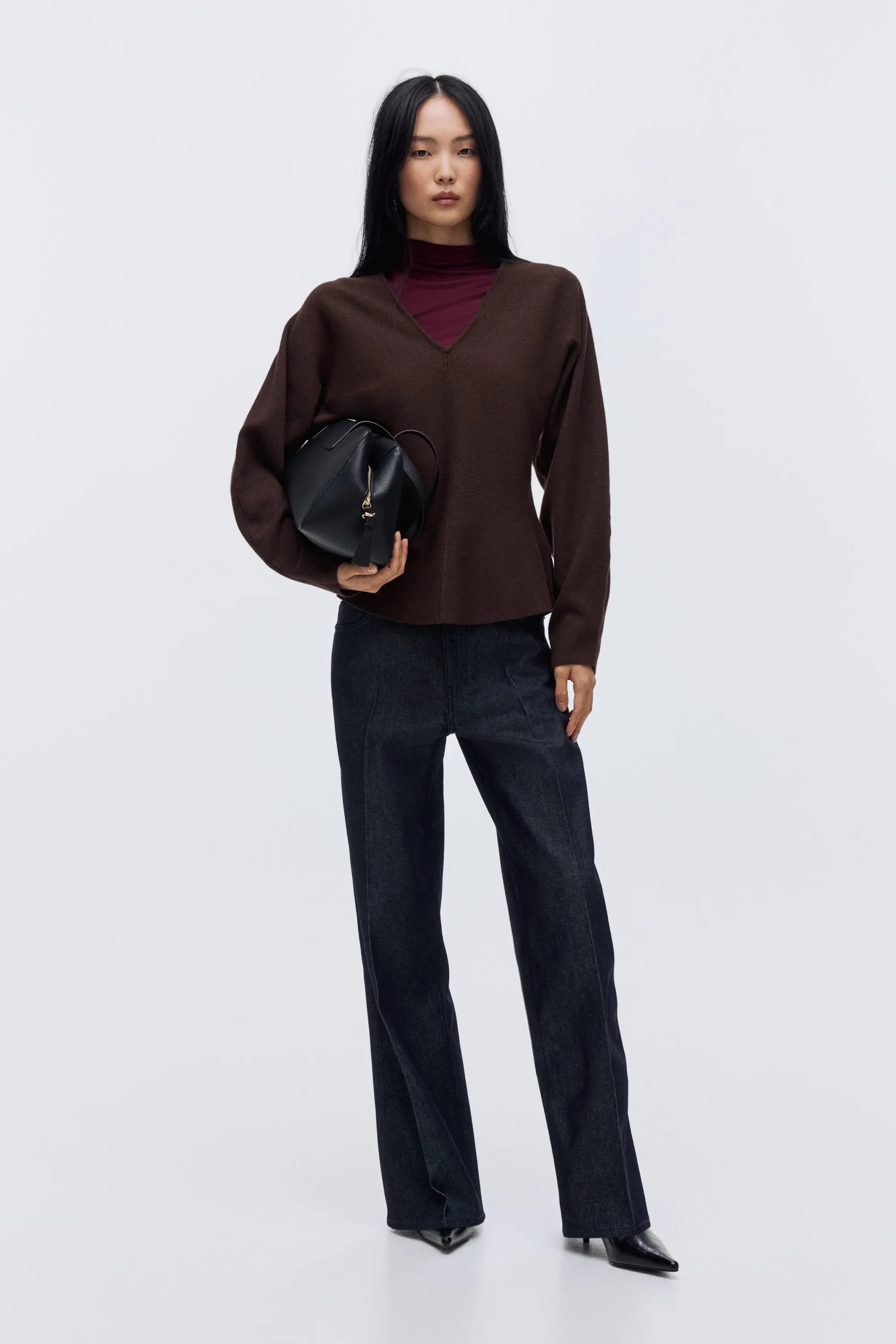 Top à encolure en V en maille - Marron foncé