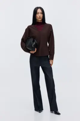 Top à encolure en V en maille - Marron foncé — photo 1