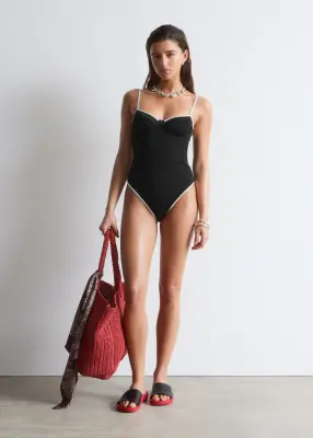 Maillot de bain côtelé aux bordures contrastées - Noir/Blanc — photo 3