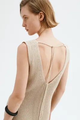 Robe en maille côtelée avec liens à nouer - Beige clair — photo 2