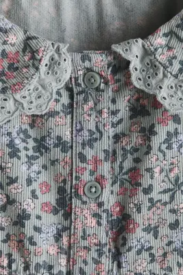 Robe en velours côtelé avec col Claudine - Turquoise pâle/fleuri — photo 3