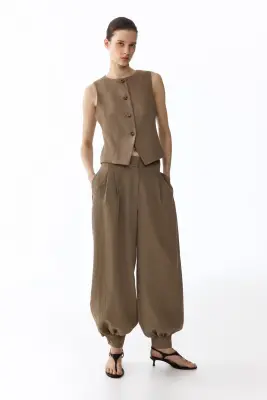 Pantalon en twill avec jambes ballon - Beige foncé — photo 1