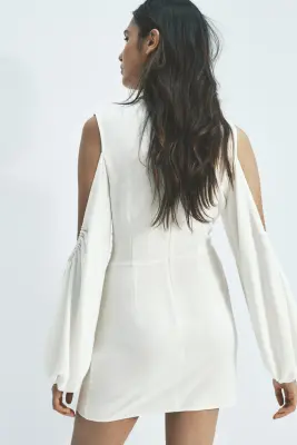 Robe épaules dénudées avec manches ballon - Blanc — photo 3