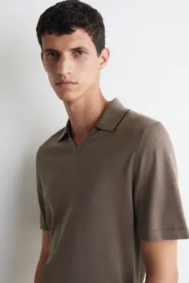 POLO EN SOIE ET COTON À BORDURE CONTRASTÉE - BRUN — photo 3