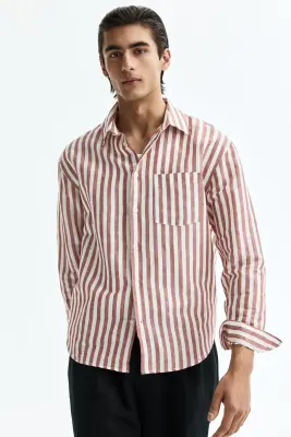 Chemise Relaxed Fit en lin mélangé - Rouge rouille/rayé — photo 2