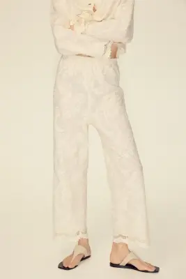 Pantalon en coton avec broderies - Beige clair — photo 2