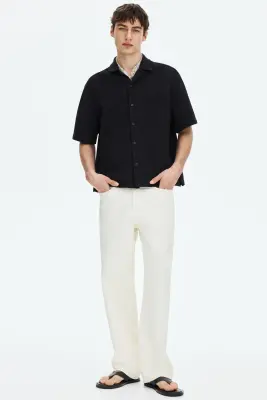 Chemise gaufrée Relaxed Fit avec col cubain - Noir — photo 1