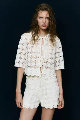 Chemise façon crochet avec liens à nouer - Crème — photo 1