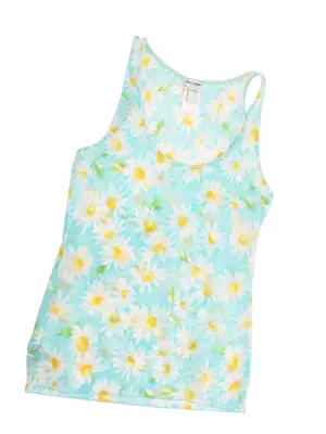 Top débardeur en tulle stretch bleu turquoise fleuri marguerite blanc et jaune Taille XS/S — photo 4