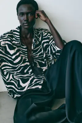 Chemise en lin mélangé - Noir/imprimé zèbre — photo 2