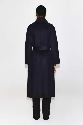MANTEAU LONG EN LAINE DOUBLE FACE À COL CHÂLE - BLEU MARINE — photo 3