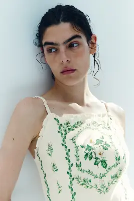 Robe en coton avec jupe évasée - Ivoire/fleuri — photo 2