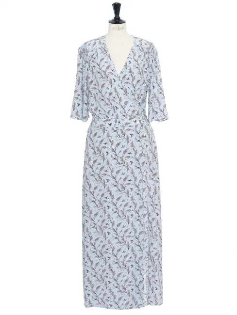 Robe longue portefeuille bleu ciel imprimée oiseaux Prix boutique $175 Taille 42