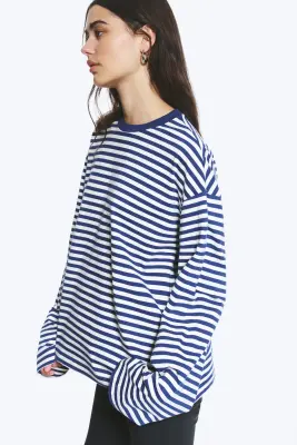 T-shirt en coton à manches longues - Blanc/bleu foncé rayé — photo 2