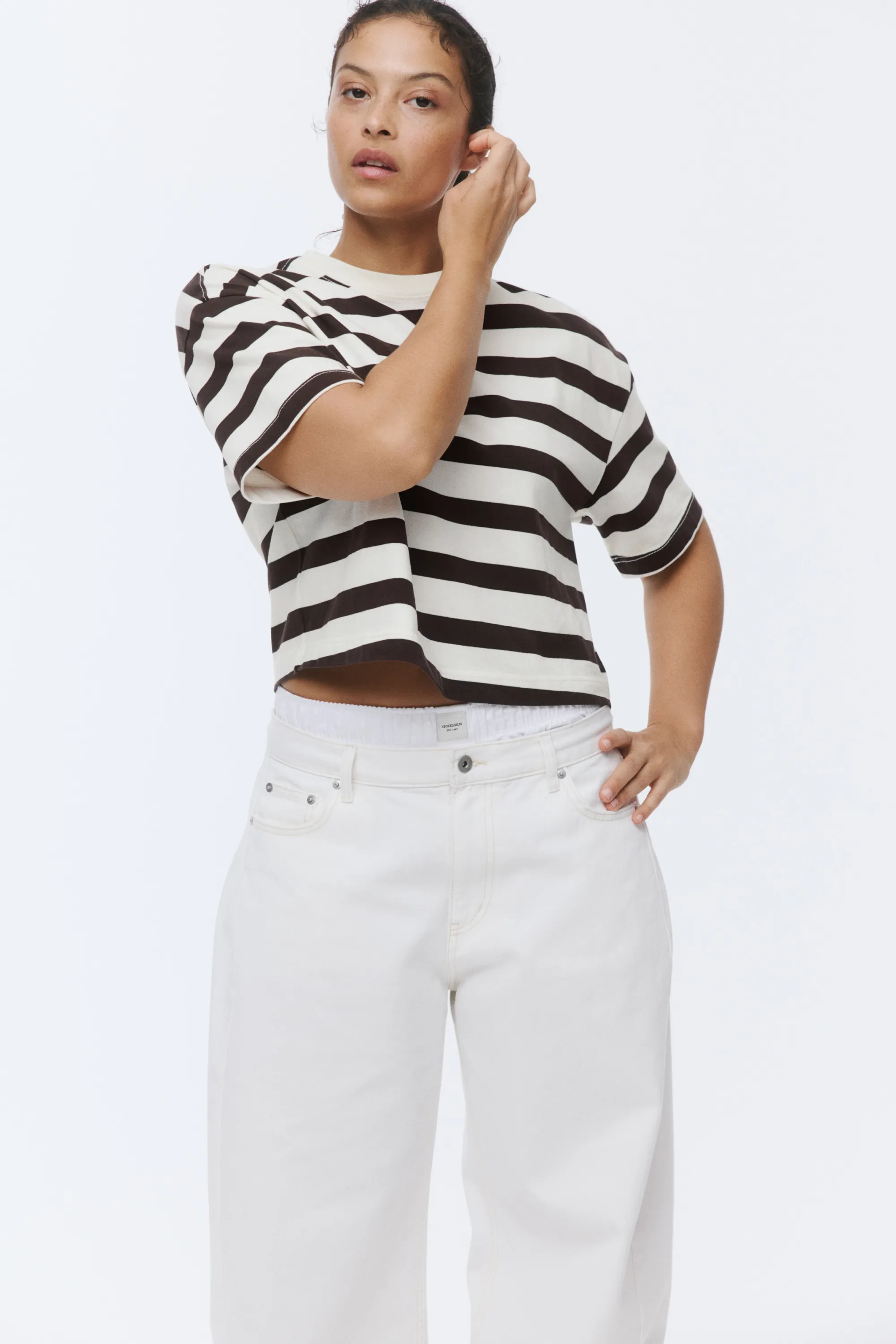 T-shirt boxy - Blanc/rayures marron foncé