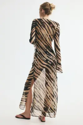 Robe en mousseline avec détails à nouer - Marron foncé/imprimé zèbre — photo 3