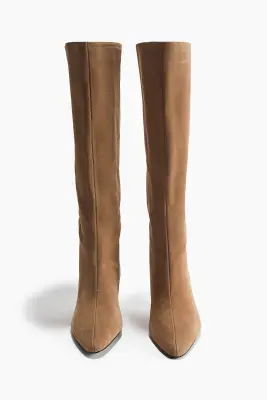 Bottes de hauteur genou en cuir velours fendu - Beige — photo 1