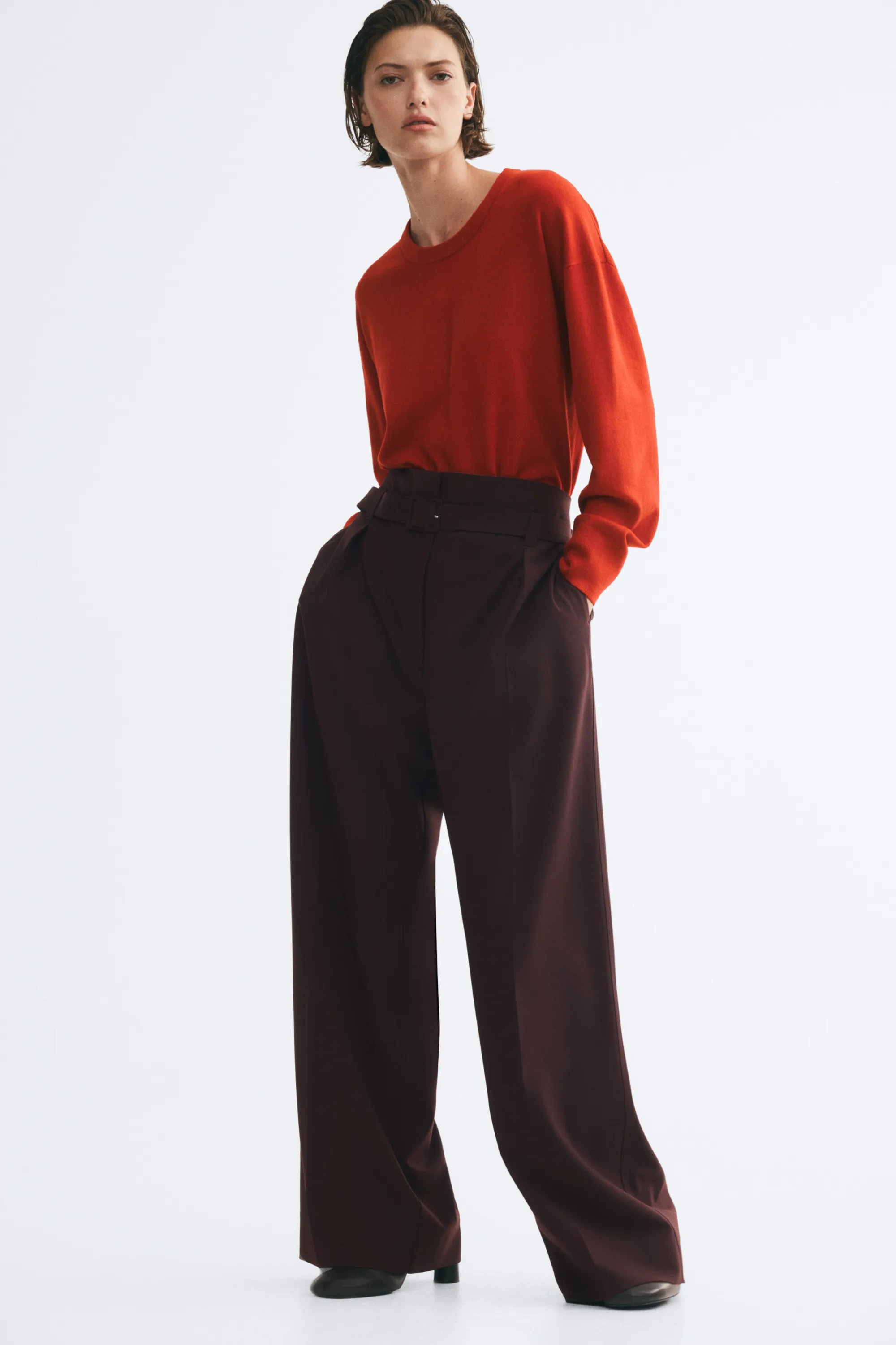 Pantalon paper bag avec ceinture - Marron foncé