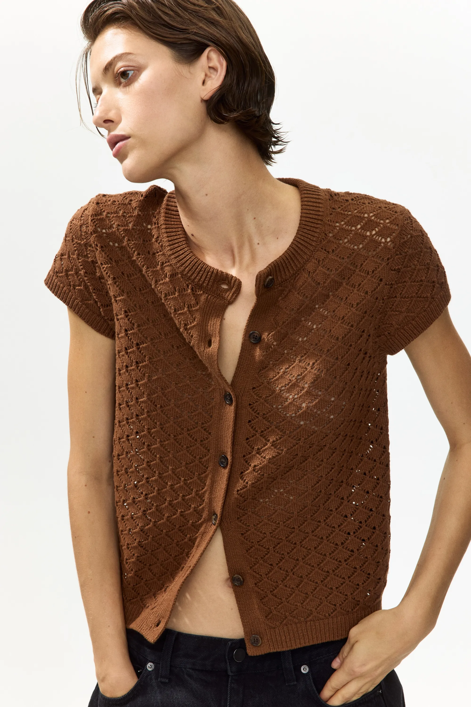 Gilet à mancherons en maille pointelle - Marron