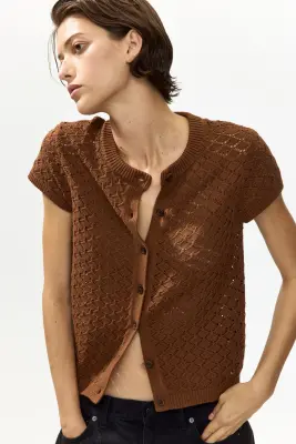 Gilet à mancherons en maille pointelle - Marron — photo 1