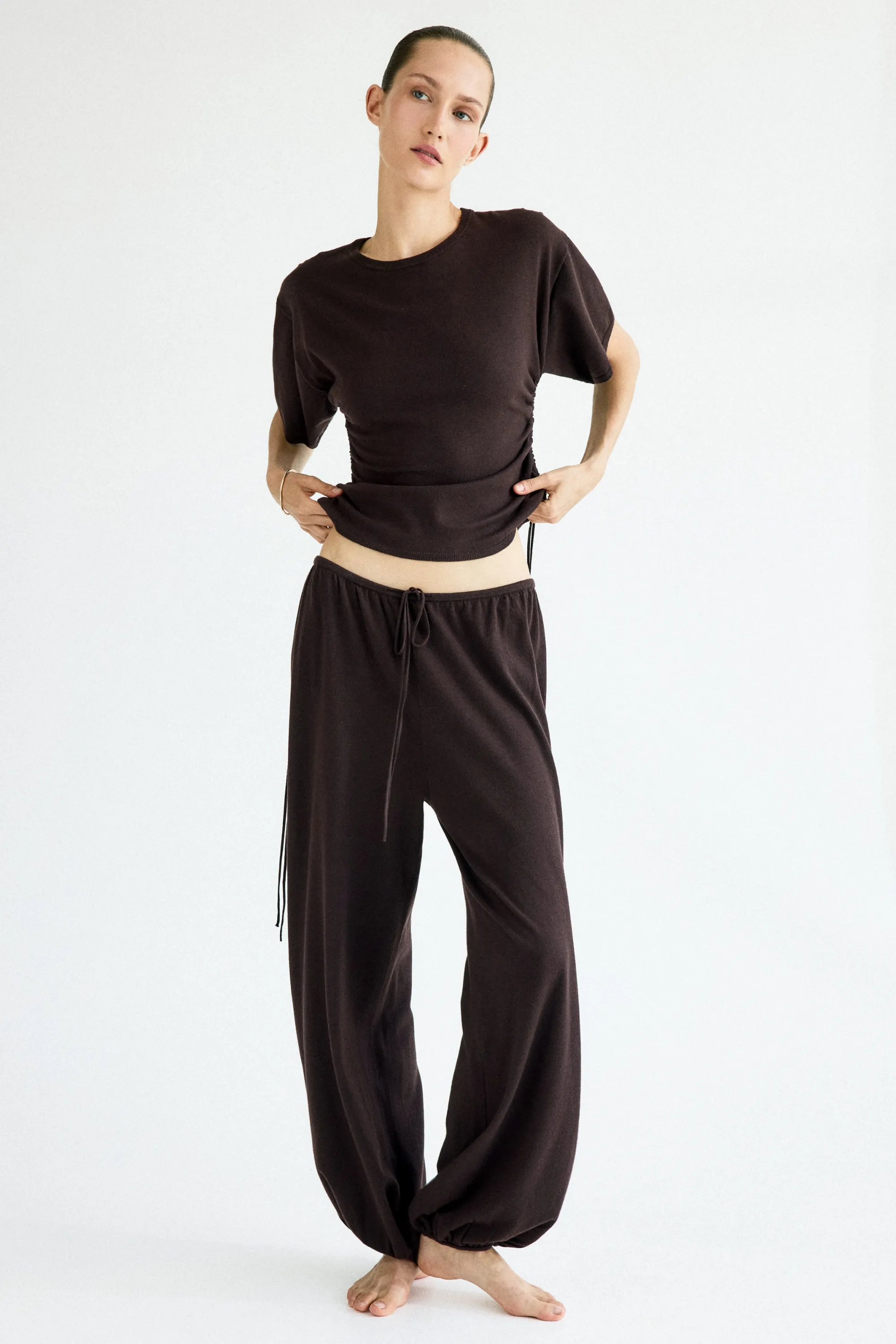 Top en maille fine avec cordons de serrage - Marron foncé
