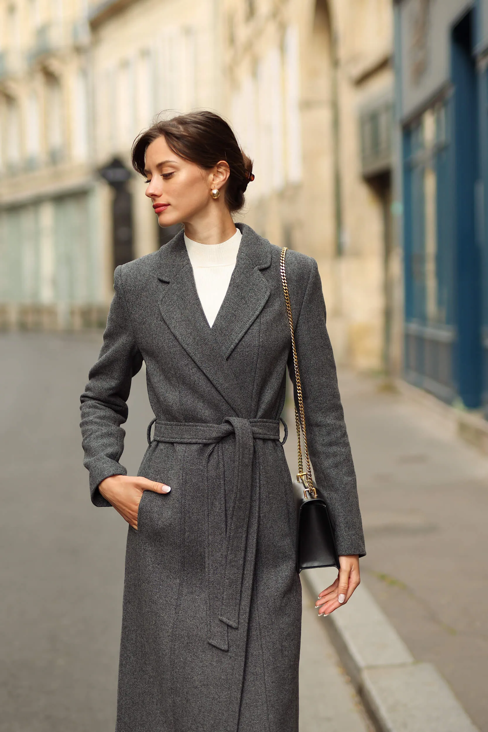 Colette Wrap Coat - Grey fishbone