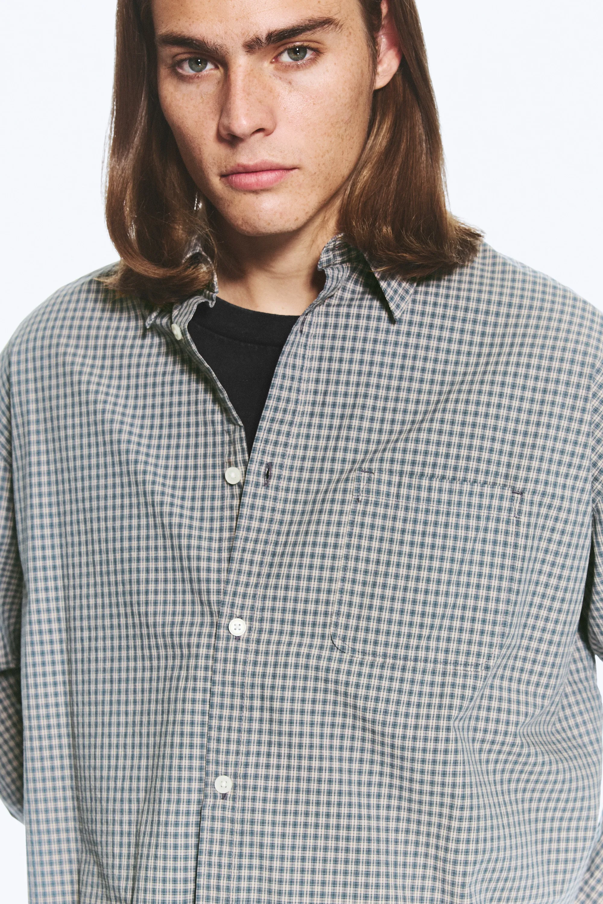Chemise carrée décontractée en popeline - Carreaux taupe clair
