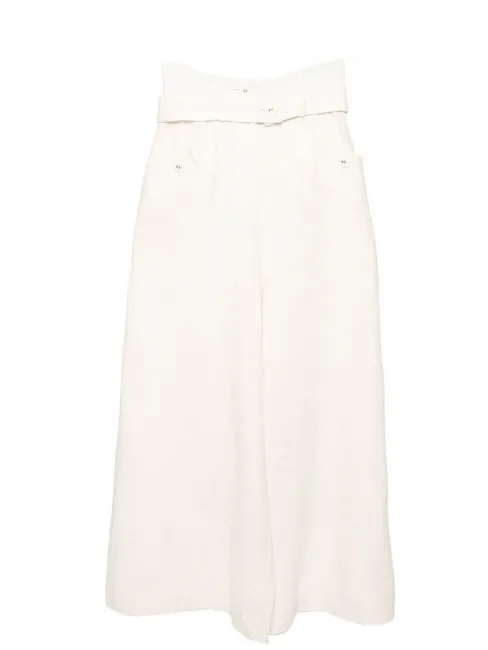 Pantalon COUTURE taille haute ceinturé en lin blanc crème brodée Taille XS