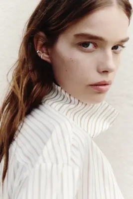 Chemise oversize à col droit - Blanc/rayé — photo 3