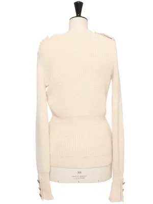 Gilet cardigan col rond en laine épaisse d'alpaga blanc crème et boutons dorés Prix boutique 1600€ Taille S — photo 5