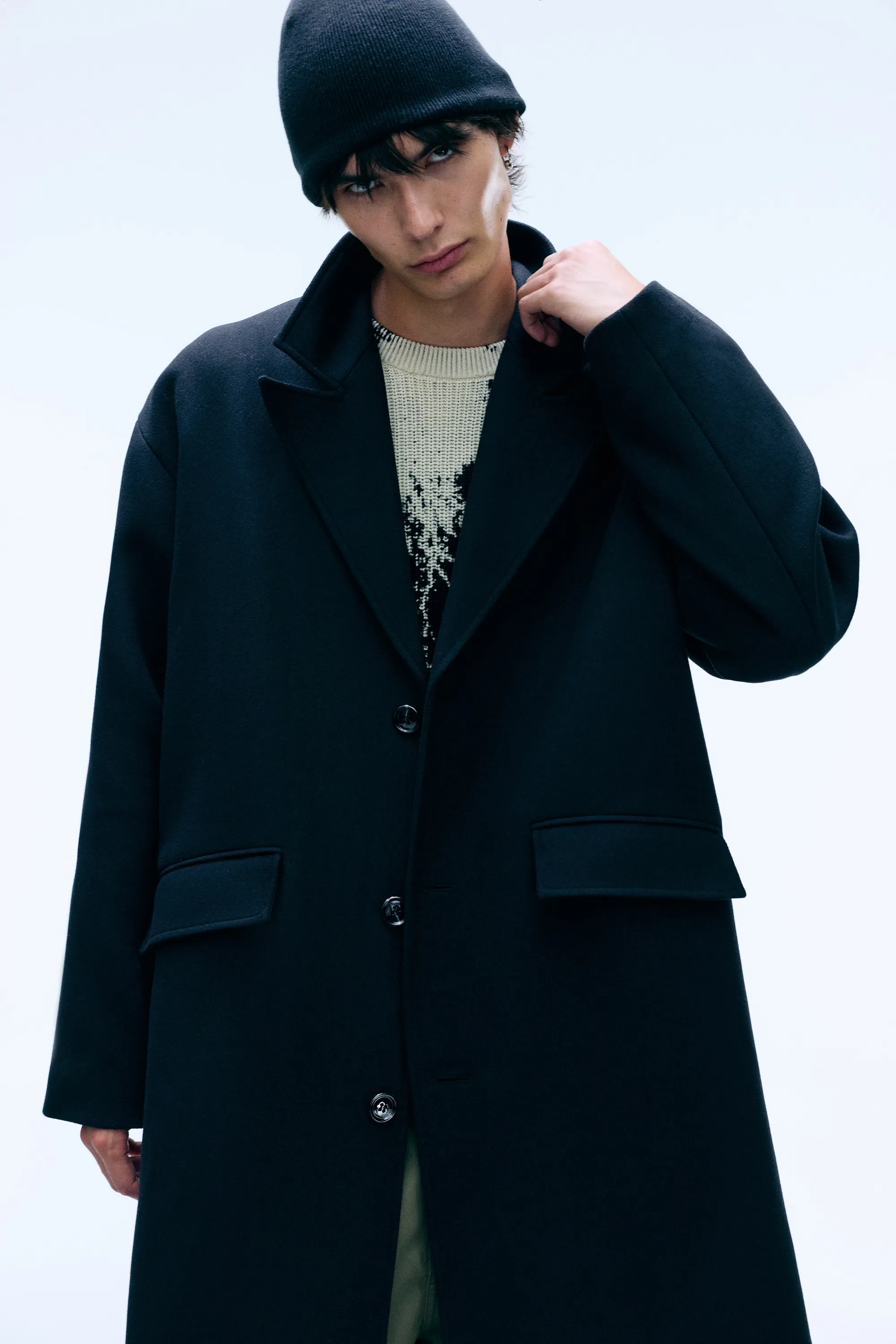 Manteau oversize en laine mélangée à boutonnage simple - Noir