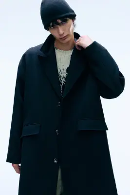 Manteau oversize en laine mélangée à boutonnage simple - Noir — photo 1
