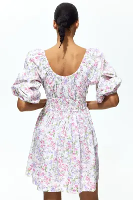 Robe en coton avec jupe évasée - Blanc/fleuri — photo 3