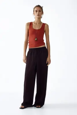Pantalon large avec taille élastique - Marron foncé — photo 2