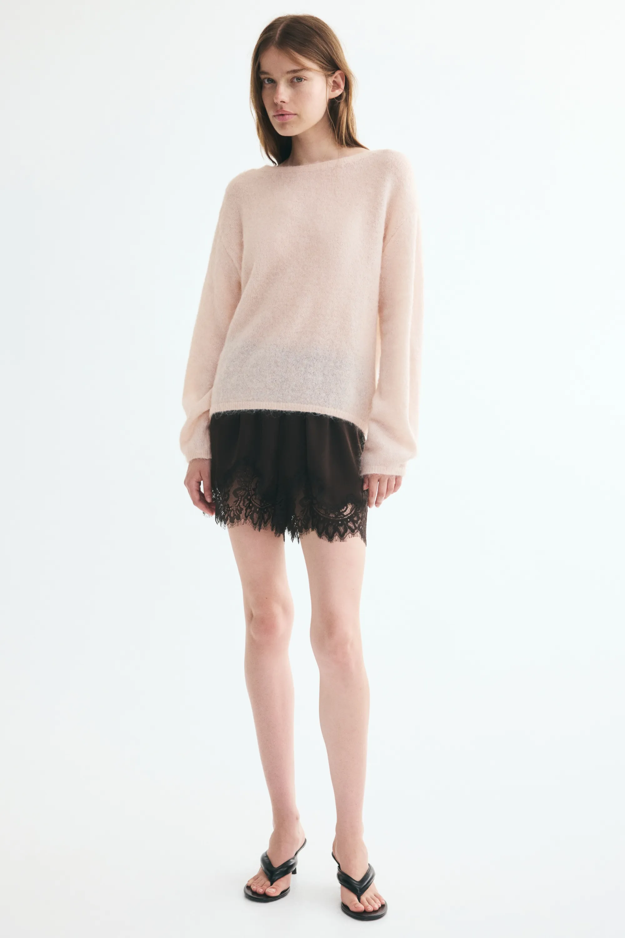 Pull en maille fine avec encolure bateau - Rose poudré