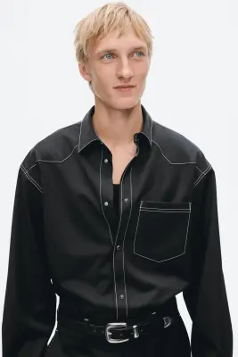 Chemise Regular Fit en twill de laine mélangée - Noir — photo 2