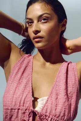 Top de plage en coton avec liens à nouer - Rouge/vichy — photo 1