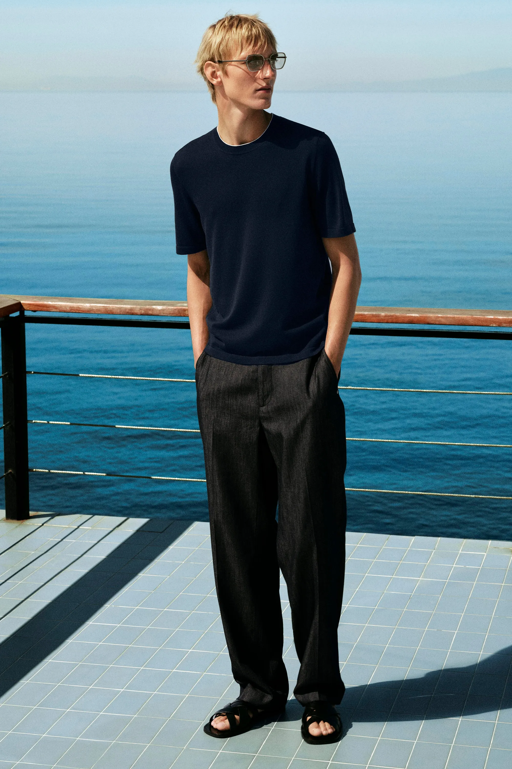 T-SHIRT EN SOIE ET COTON À BORDURE CONTRASTÉE - BLEU MARINE