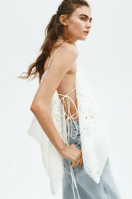 Top à bretelles fines avec broderie anglaise - Blanc — photo 4